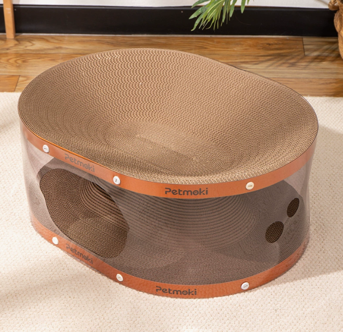 PawsCube Clear Cat Tunnel & Scratching Bed – PVC Durable Layer + Corrugated Cardboard, Anti-Furniture Scratching